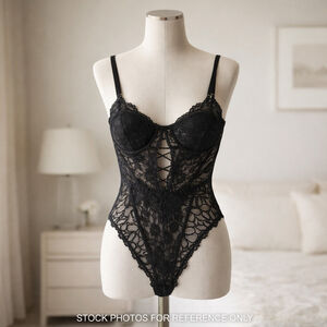 Savage X Fenty Lace Teddy Bodysuit Black Strappy Sheer Lingerie Size M